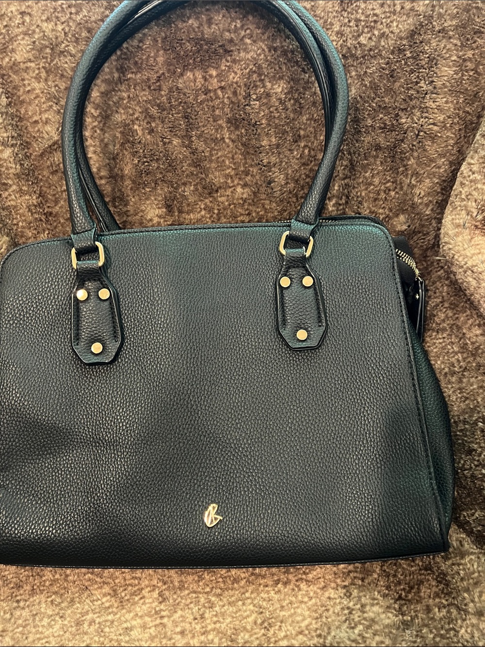 Kate & Alex Elegant Black Leather Tote Bag with Gold Hardware 9” x 10”